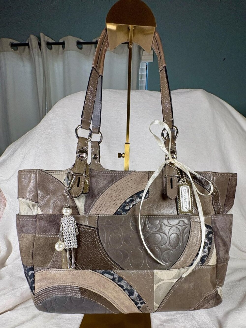 Vintage Coach Ocelot Gray Patchwork Tote with Charm